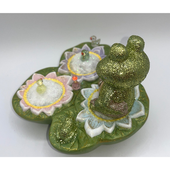 Vintage Ceramic Green Frog on Lilly Pad Ducks Deb O. Original OOAK Spring Decor - Picture 14 of 16